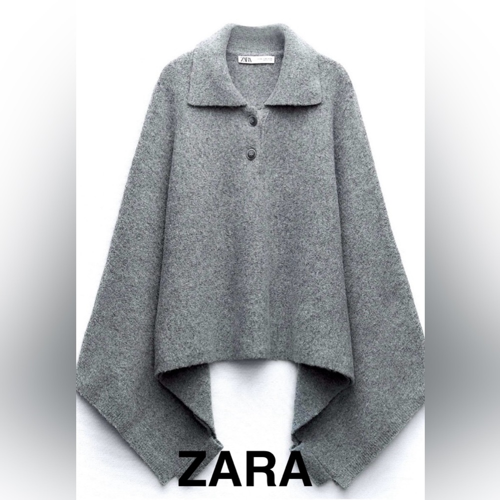 ZARA Women's Gray Collared Poncho Sweater - Size S/M - EUC